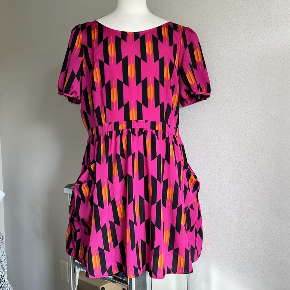 Allen B | Geometric Pattern Dress with Cutout Back Deep Pockets Vibrant Colors
